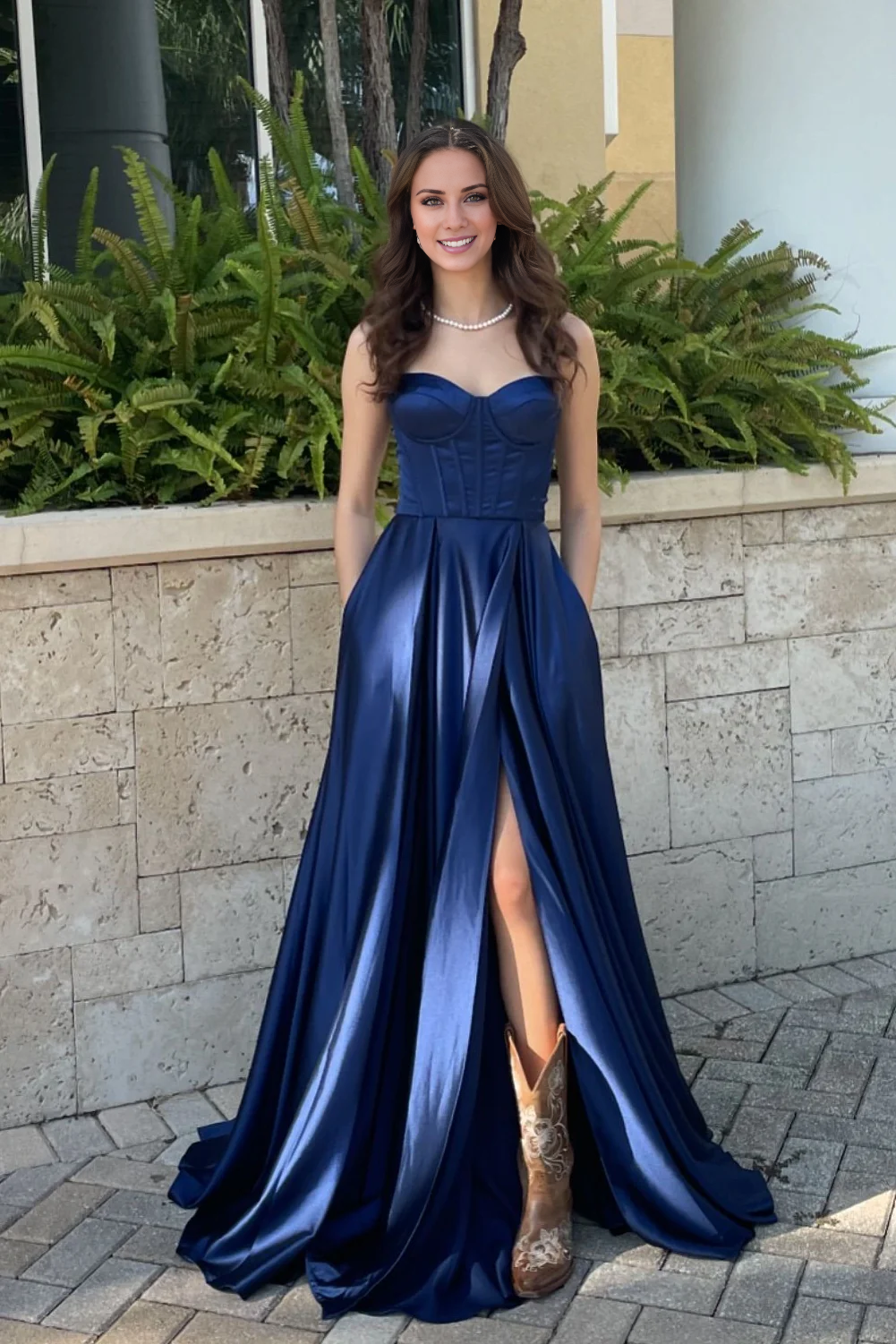 Navy Blue A-Line Satin High Slit Dress - Chloe Dress