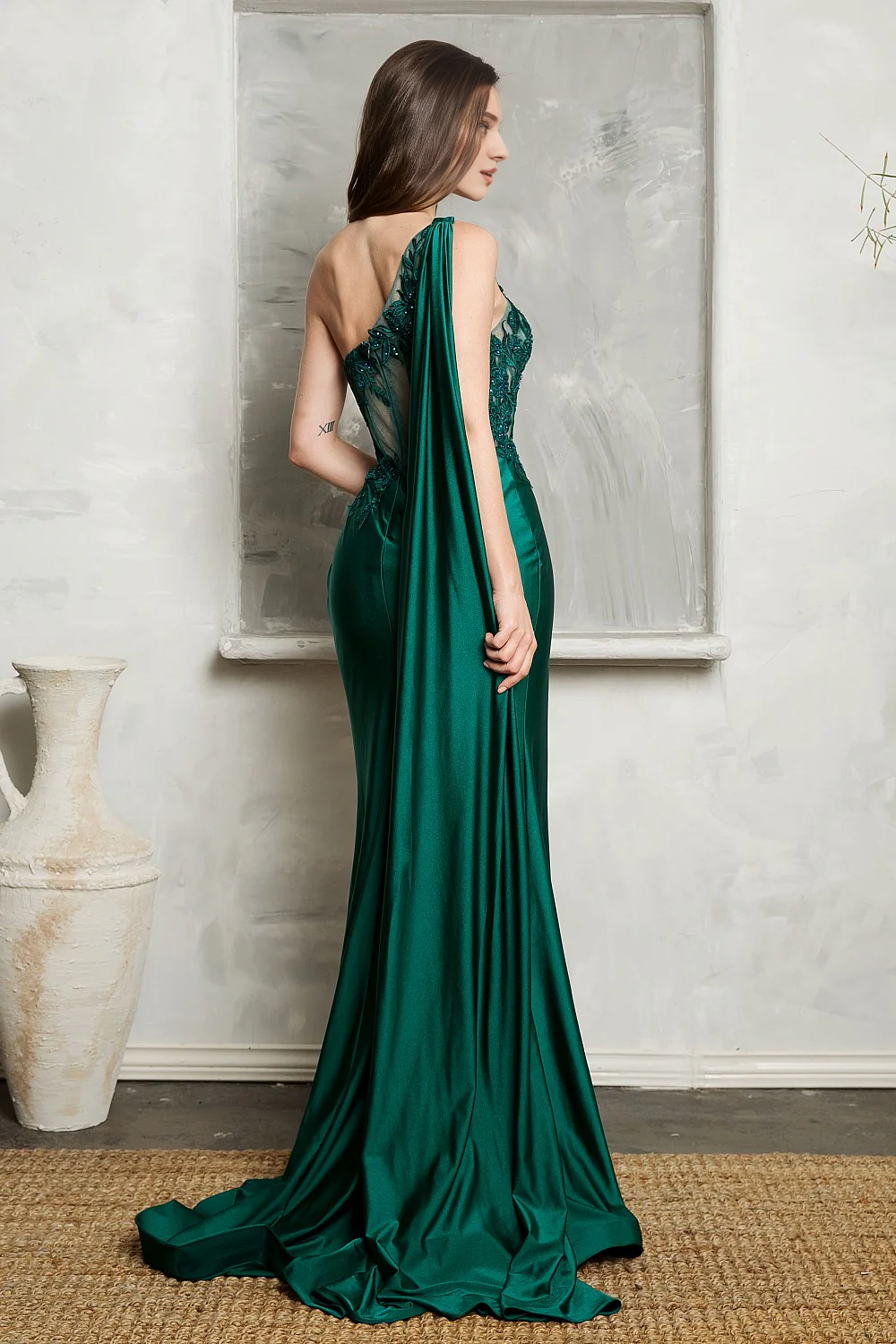 One-Shoulder Lace-Up Back High Slit Dress - Chloe Dress