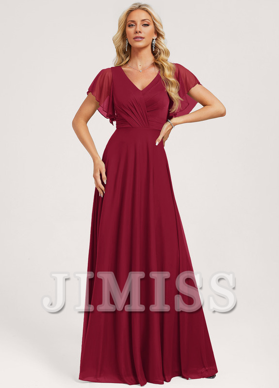A-Line V-Neck Mesh Ruffled Floor-Length Wedding Dress - Chloe Dress
