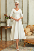 A-Line V-Neck Satin Three-Quarter Sleeve Tea-Length Wedding Dress - Chloe Dress