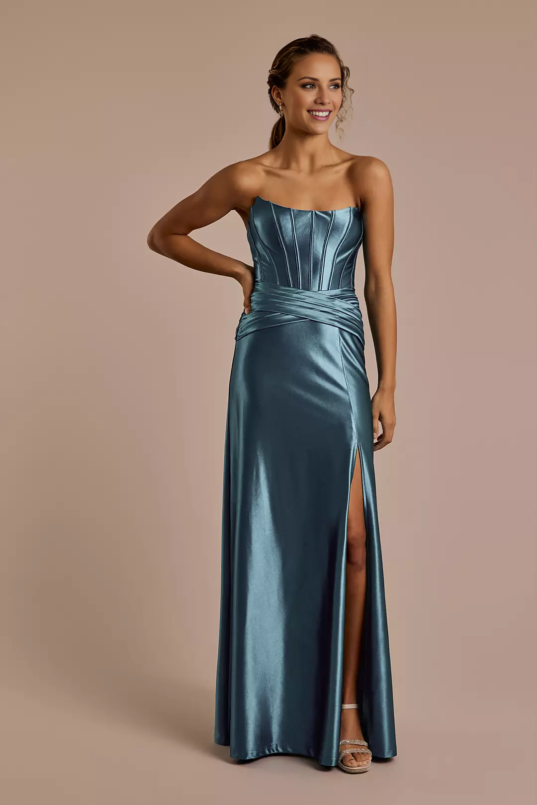 A-Line Strapless Satin Backless High Slit Floor-Length Prom Dress - Chloe Dress