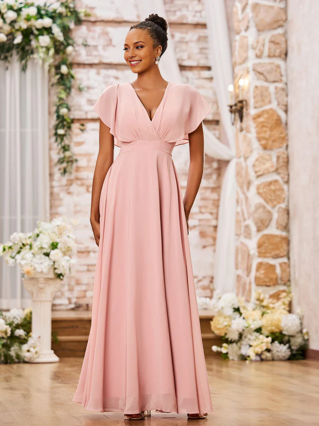 A-Line V-Neck Chiffon Floor-Length Wedding Dress - Chloe Dress