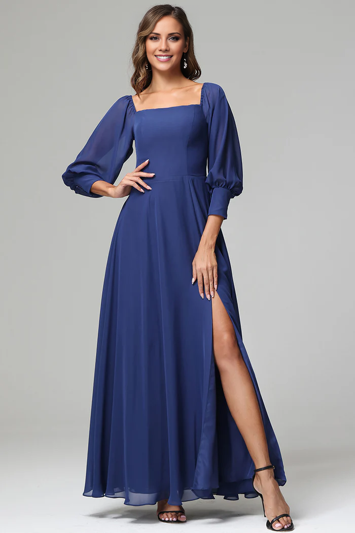 Square Neck Chiffon Three-Quarter Sleeve High Slit Floor-Length Wedding Dress - Chloe Dress