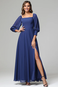 Square Neck Chiffon Three-Quarter Sleeve High Slit Floor-Length Wedding Dress - Chloe Dress