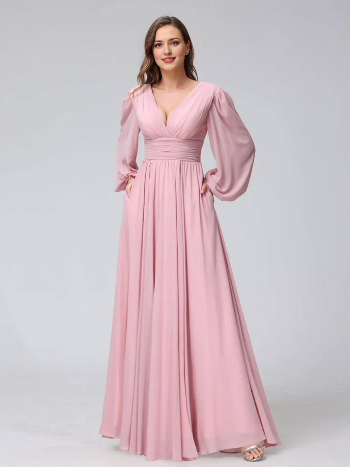 A-Line V-Neck Chiffon High Slit Floor-Length Wedding Dress - Chloe Dress