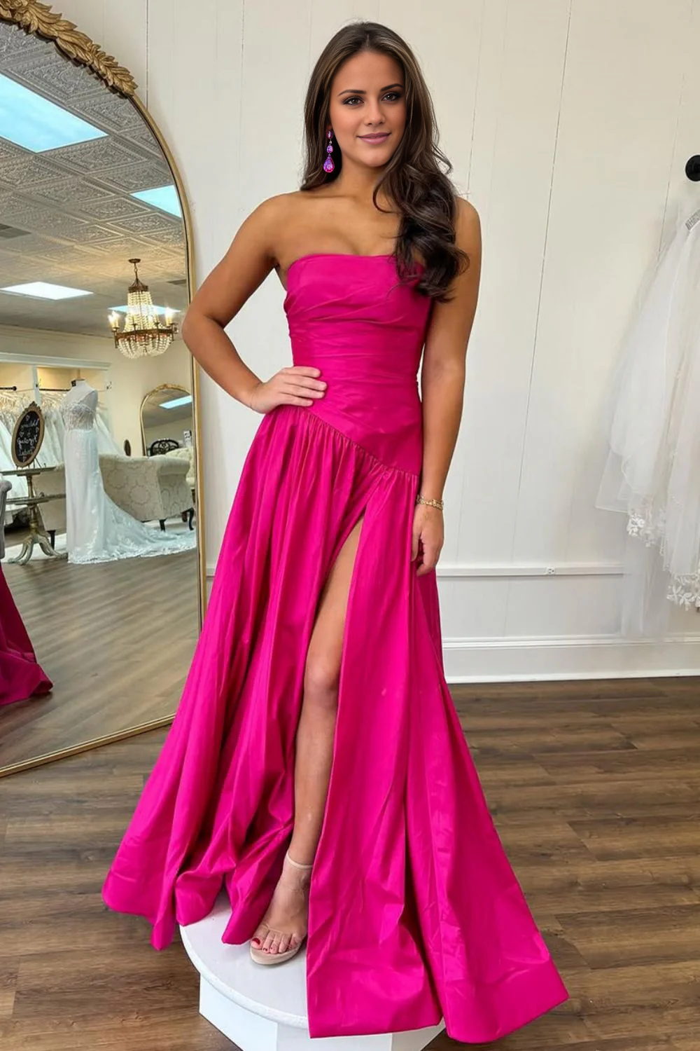 Pink A-Line Off-Shoulder Satin High Slit Mini Prom Dress - Chloe Dress