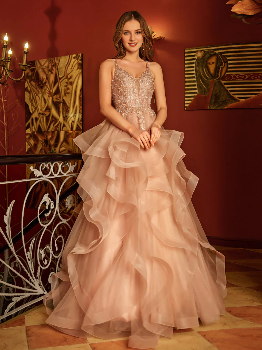 A-Line V-Neck Chiffon Embroidered Ball Dress - Chloe Dress
