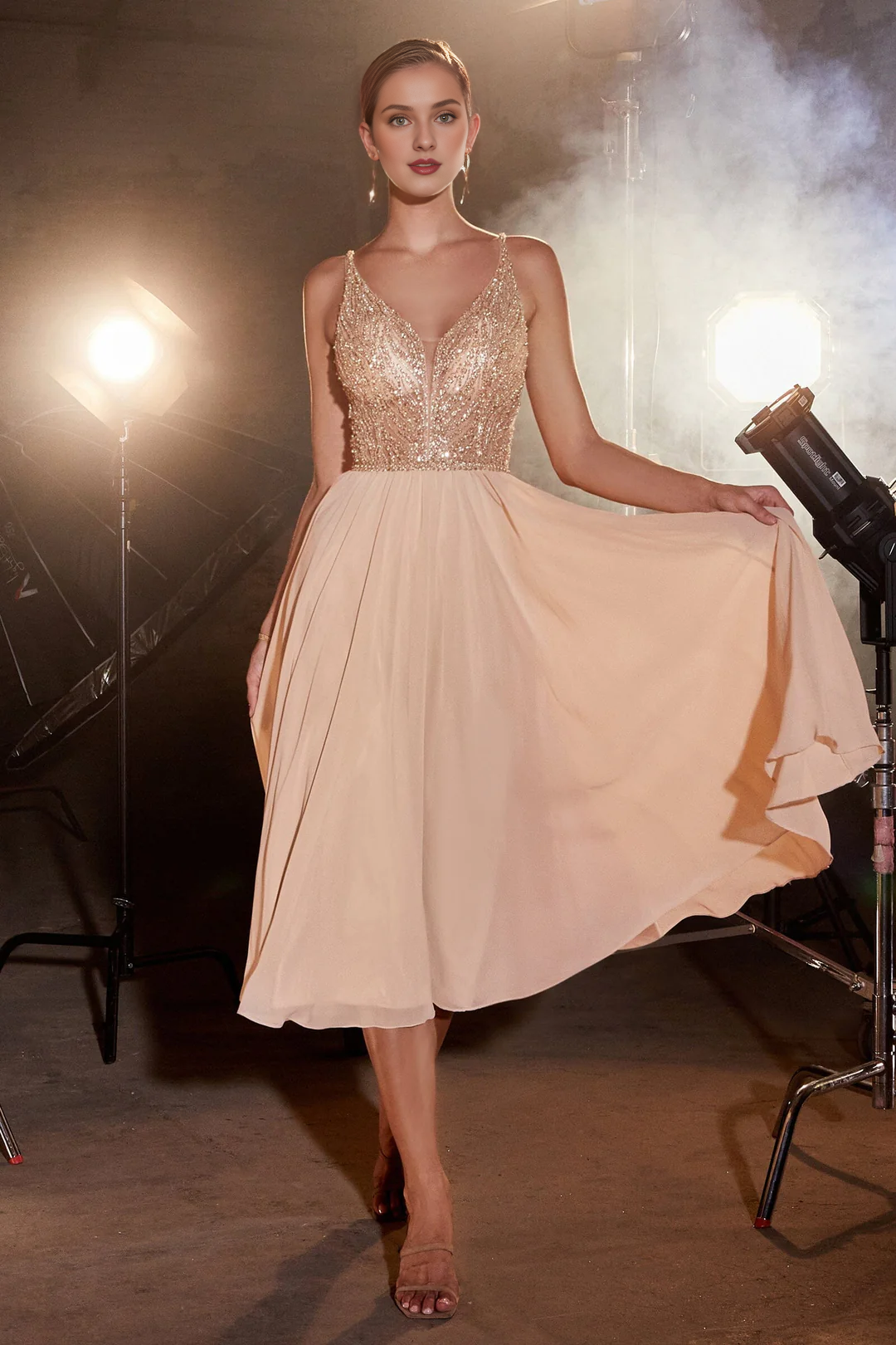 A-Line V-Neck Chiffon Sleeveless Tea-Length Dress - Chloe Dress