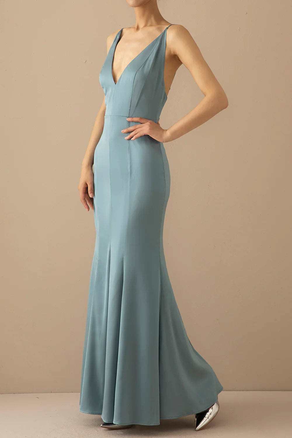 Blue Mermaid V-Neck Backless Floor-Length Prom Dress - Chloe Dress