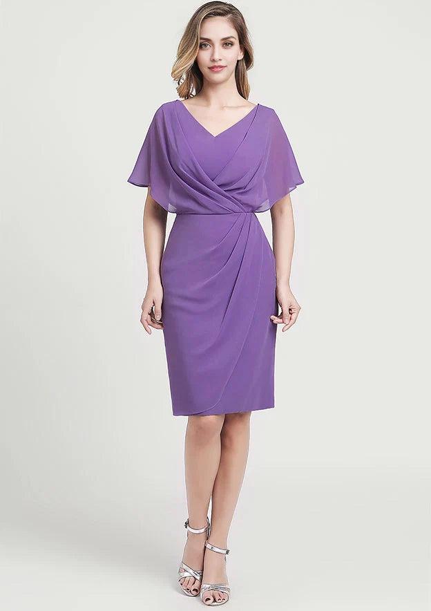 V‑Neck Cape Sleeve Chiffon Sheath Knee‑Length Mother of the Bride Dress