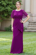 Purple Round Neck Flutter Sleeve Mermaid Mother of the Bride Dress