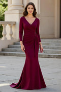 Burgundy Long Sleeve Mermaid Mother of the Bride Dress With Beaded Detail