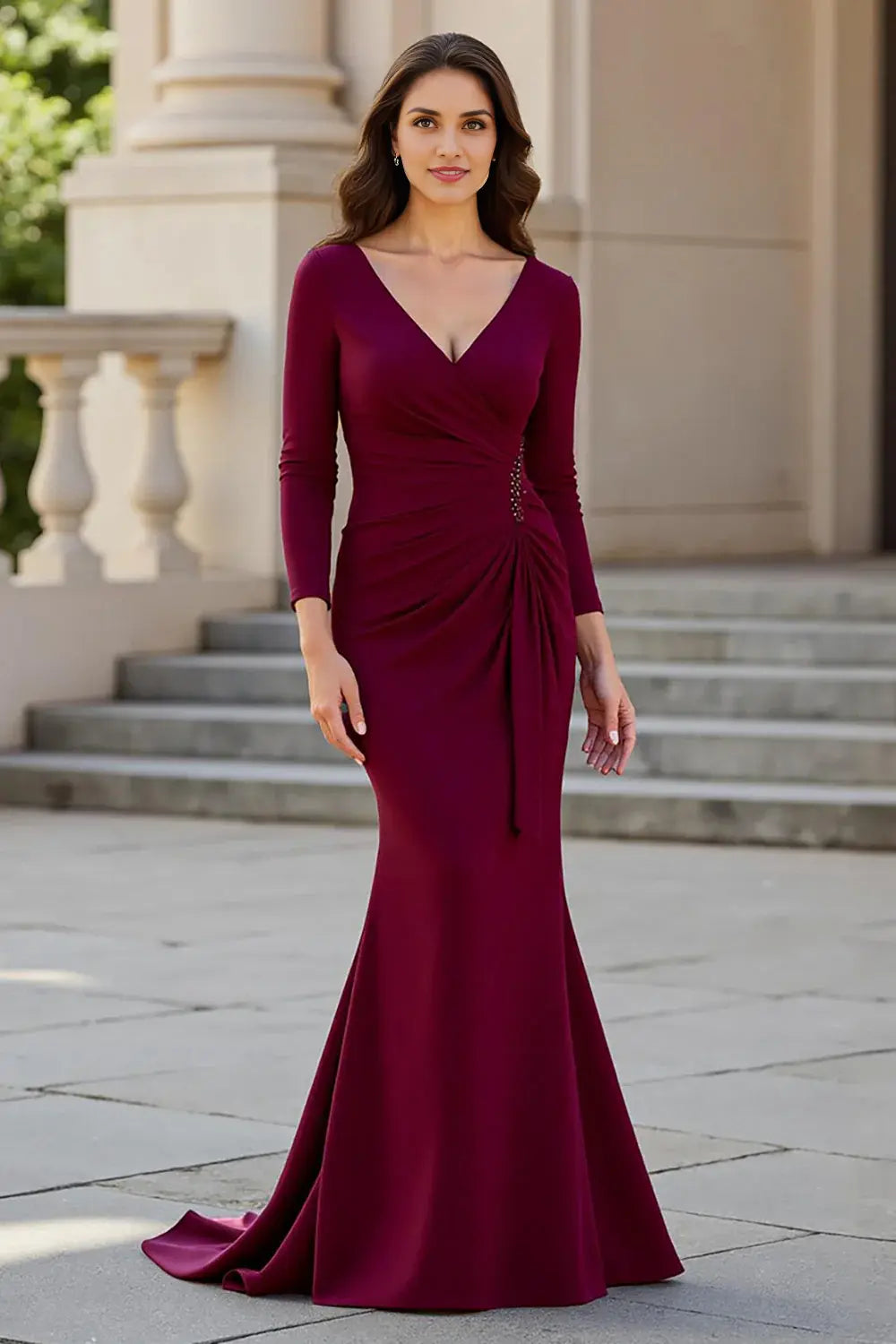 Burgundy Long Sleeve Mermaid Mother of the Bride Dress With Beaded Detail