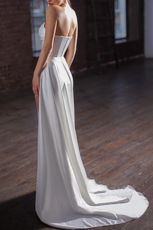 Strapless Satin Sleeveless High Slit Wedding Dress - Chloe Dress