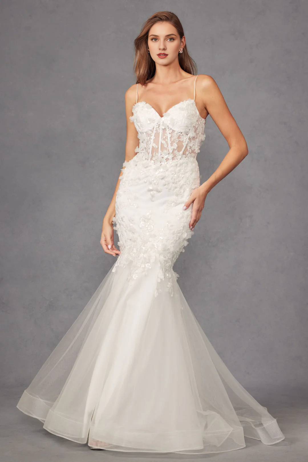 Long Sleeve Lace-Up Back Embroidered Wedding Dress - Chloe Dress