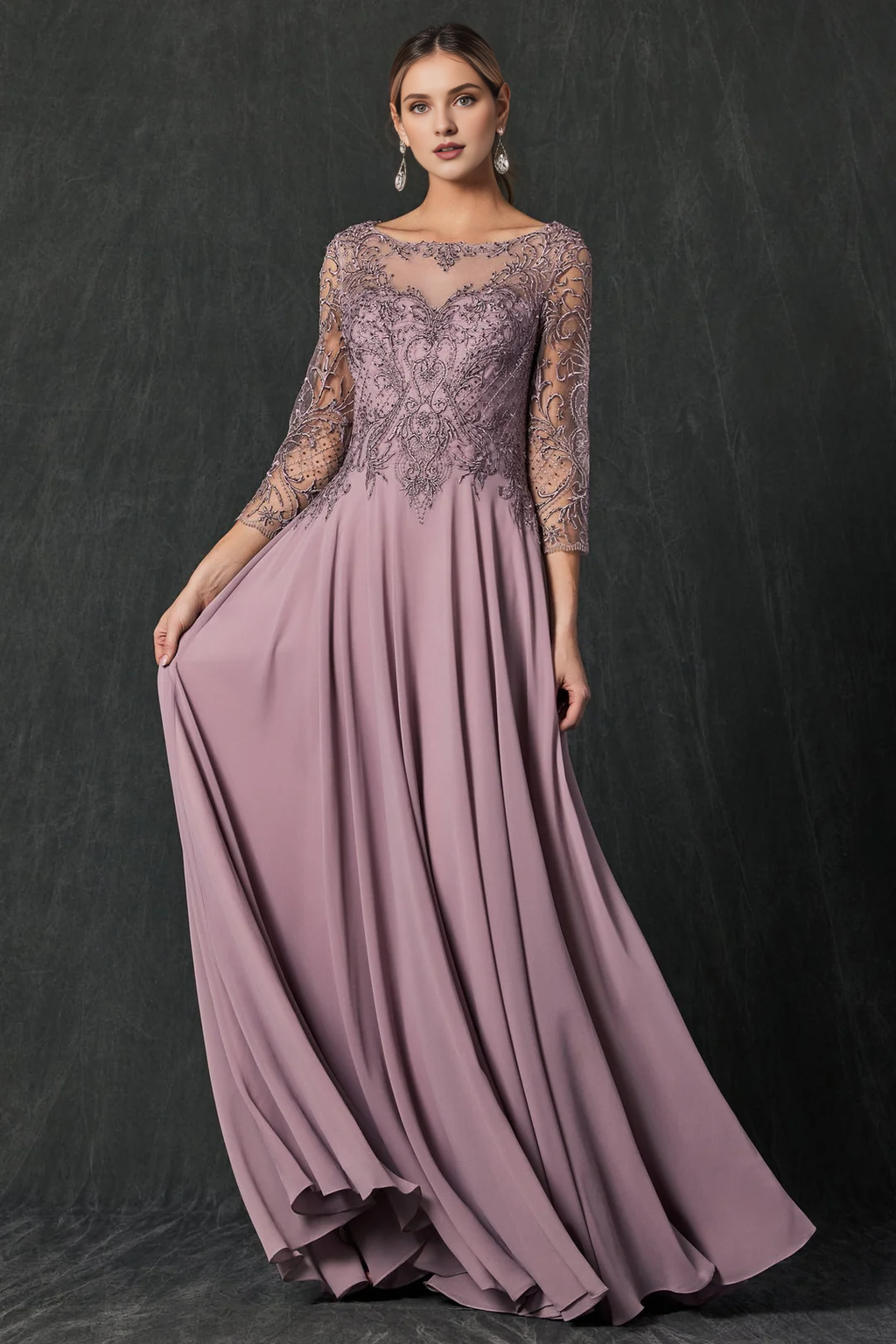 Chiffon Long Sleeve Embroidered Dress - Chloe Dress