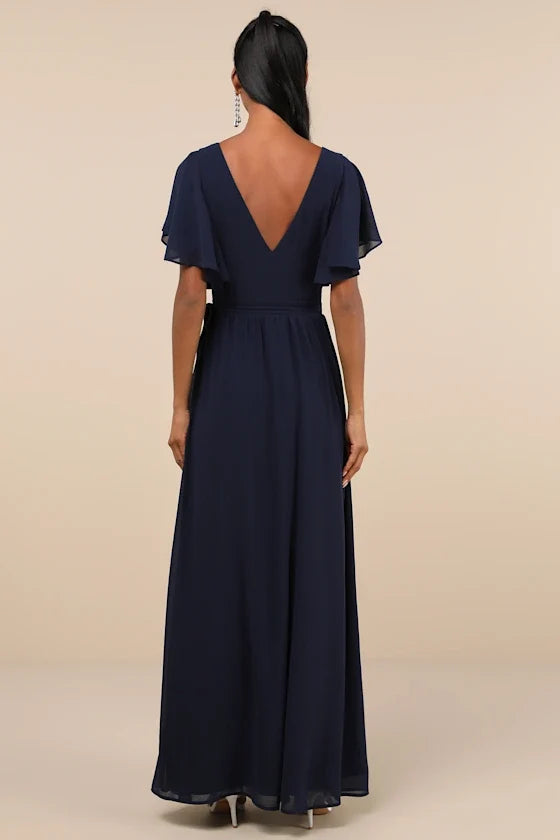A-Line V-Neck Short Sleeve Backless High Slit Floor-Length Evening Dress - Chloe Dress