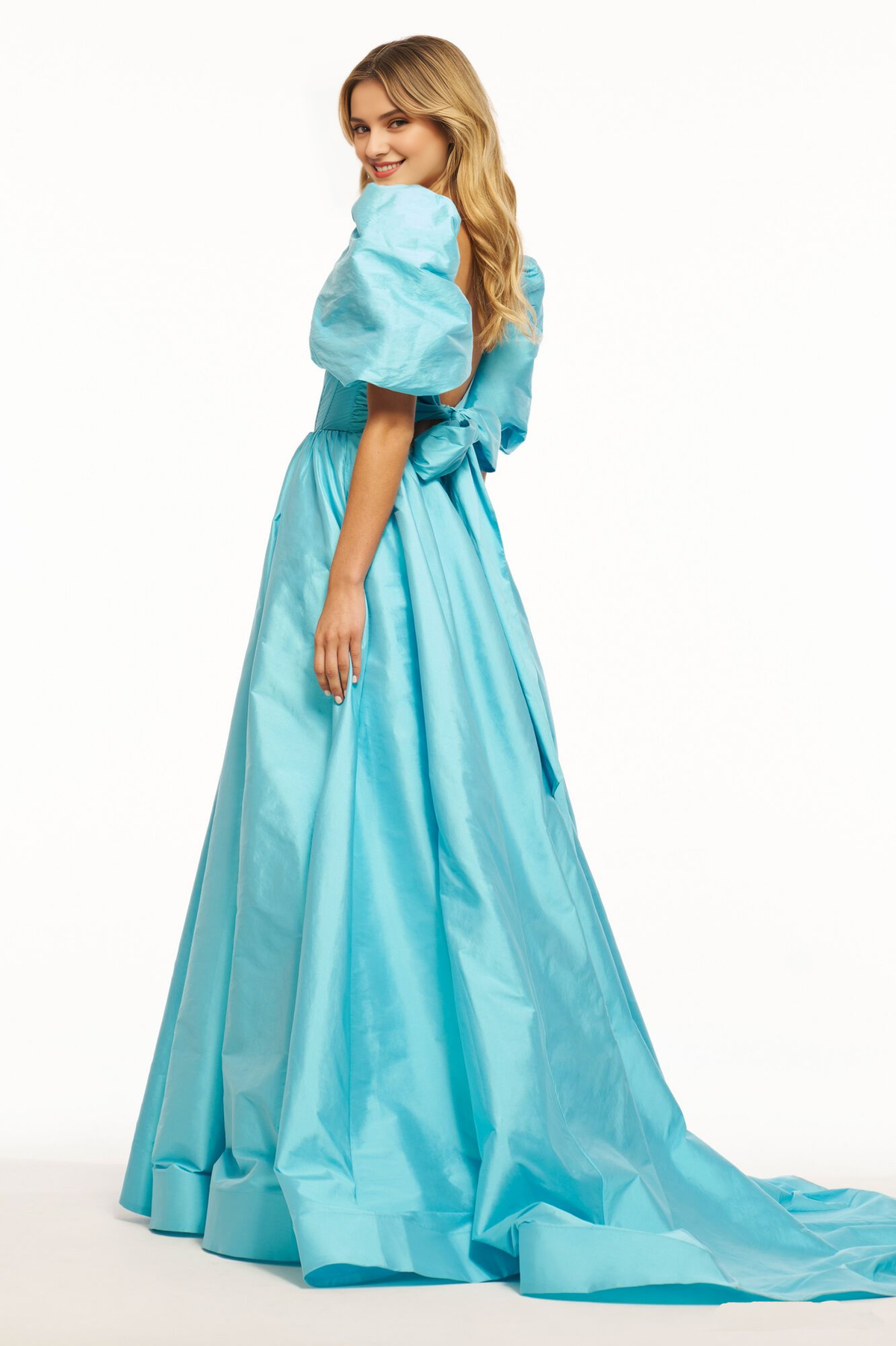 Satin Lantern Sleeve Lace-Up Back Floor-Length Prom Dress - Chloe Dress