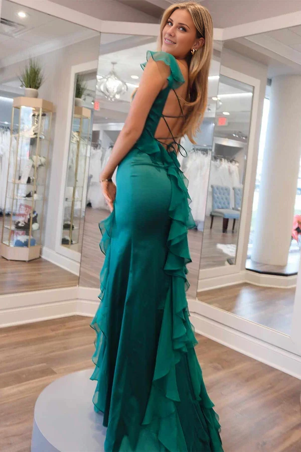 Green Mermaid Square Neck Ruffled Prom Dress - Chloe Dress