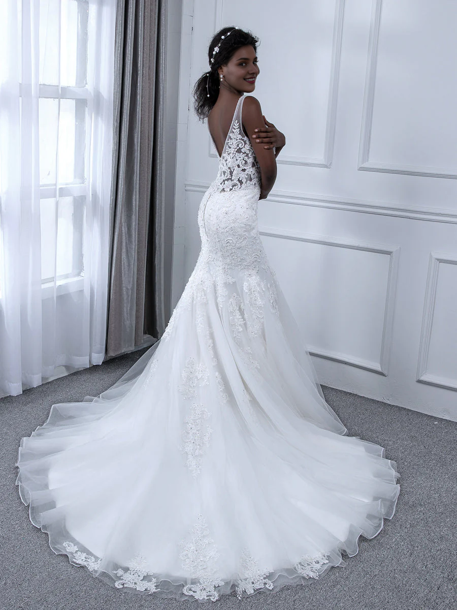 V-Neck Sequin Sleeveless Beaded Wedding Dress - Chloe Dress