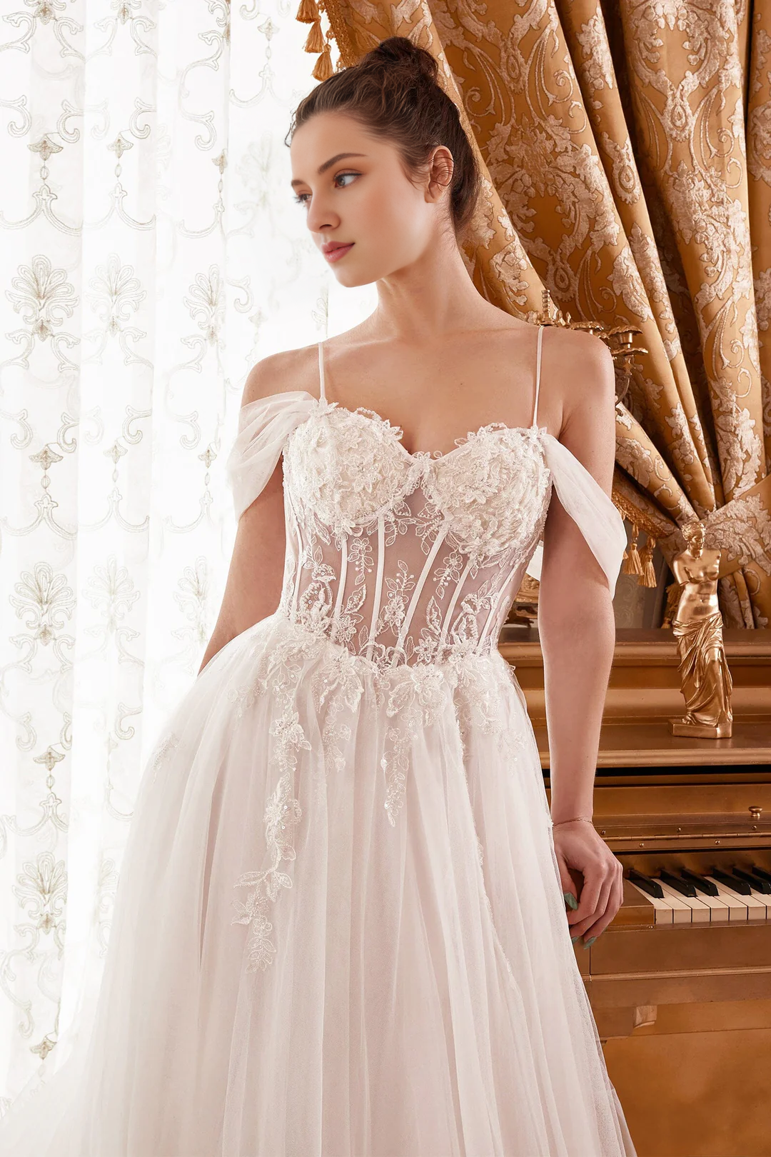 Cold Shoulder Lace-Up Back Embroidered Wedding Dress - Chloe Dress