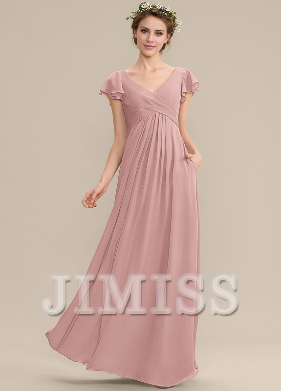 A-Line V-Neck Chiffon Ruffled Floor-Length Wedding Dress - Chloe Dress
