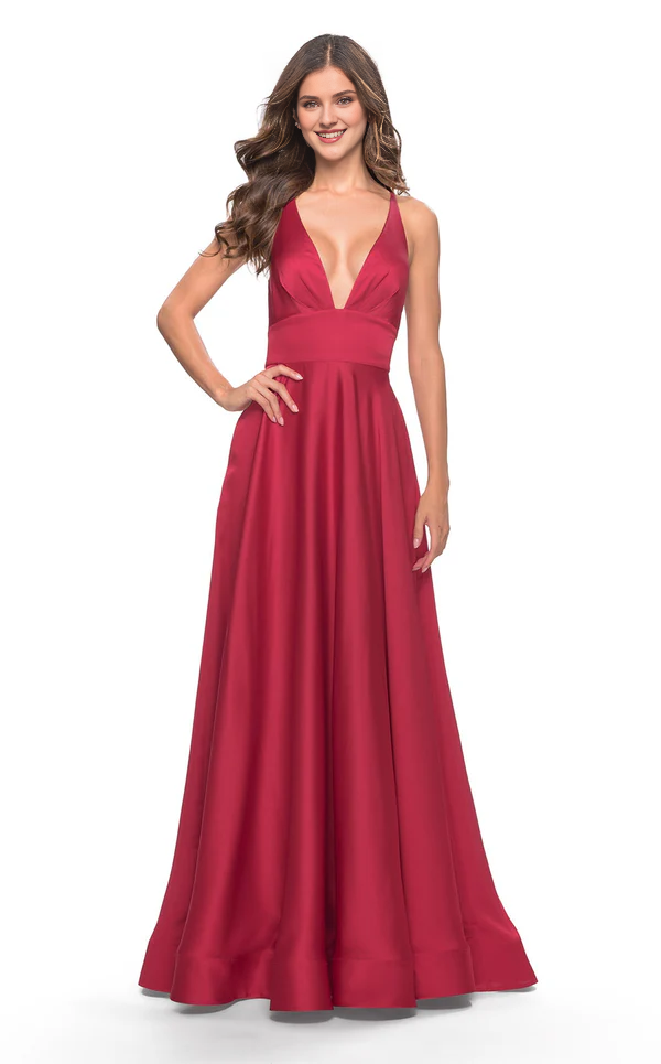 A-Line V-Neck Satin Backless High Slit Floor-Length Evening Dress - Chloe Dress