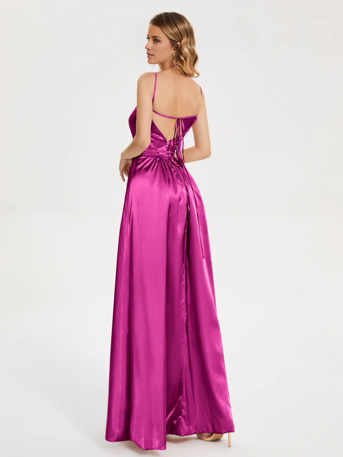 Satin Backless High Slit Floor-Length Wedding Dress - Chloe Dress