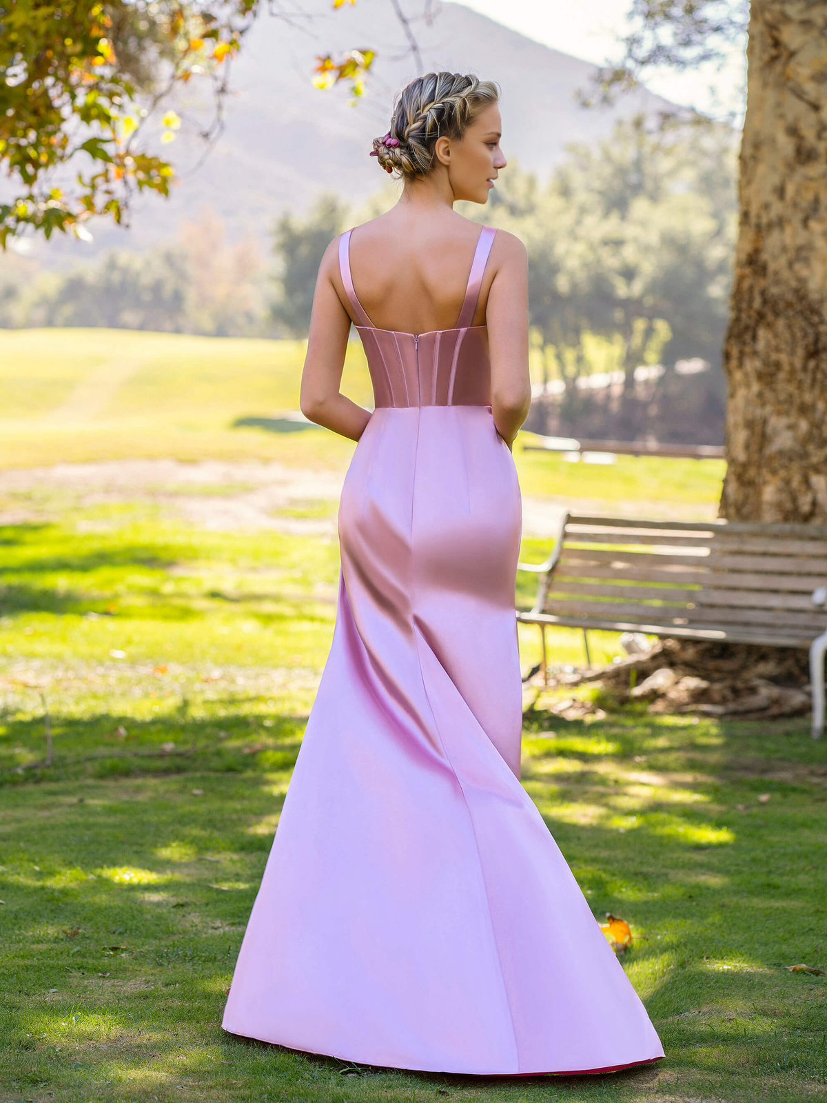 Pink V-Neck Satin Backless High Slit Floor-Length Formal Dress - Chloe Dress