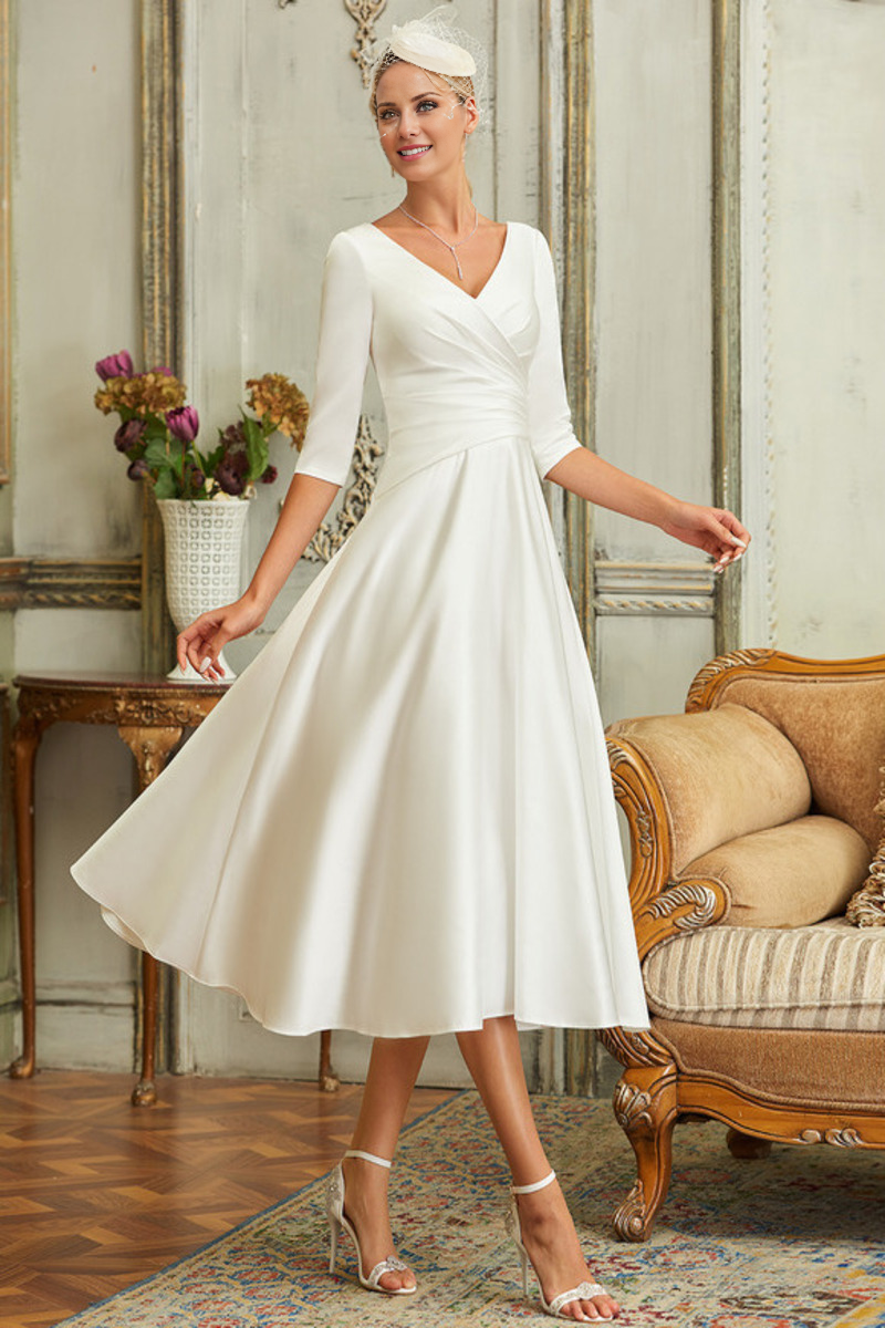 A-Line V-Neck Satin Three-Quarter Sleeve Tea-Length Wedding Dress - Chloe Dress