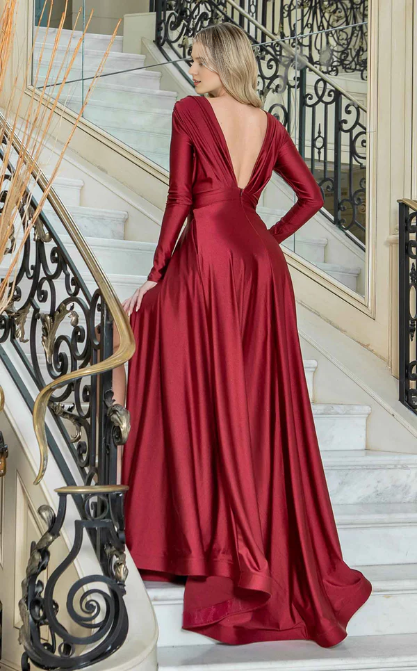 V-Neck Long Sleeve Backless High Slit Floor-Length Prom Dress - Chloe Dress