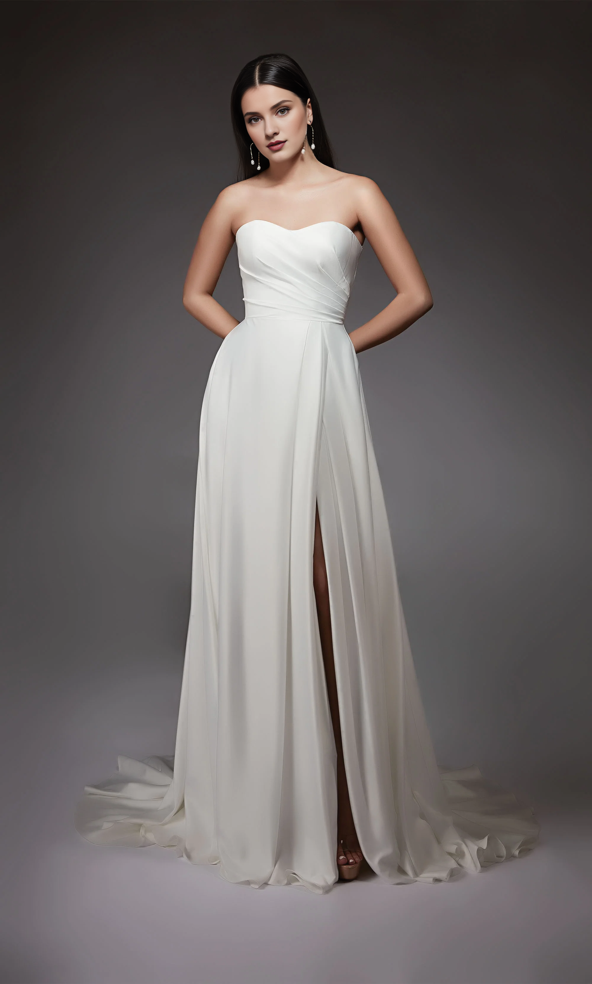 A-Line Satin Button Back High Slit Wedding Dress - Chloe Dress