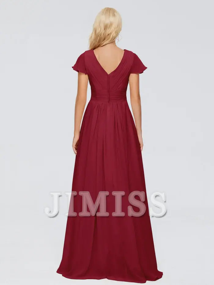 A-Line V-Neck Chiffon High Slit Floor-Length Wedding Dress - Chloe Dress