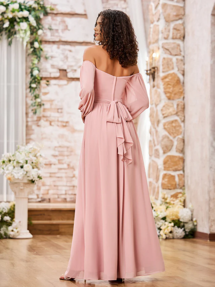 A-Line Off-Shoulder Chiffon High Slit Floor-Length Wedding Dress - Chloe Dress