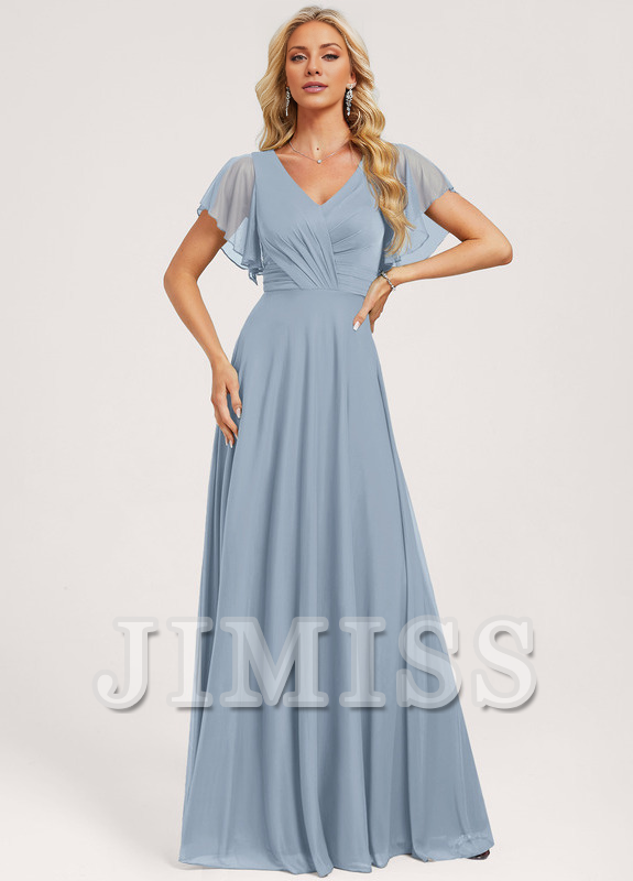 A-Line V-Neck Mesh Ruffled Floor-Length Wedding Dress - Chloe Dress