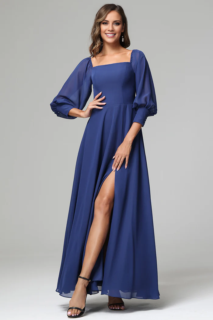 Square Neck Chiffon Three-Quarter Sleeve High Slit Floor-Length Wedding Dress - Chloe Dress