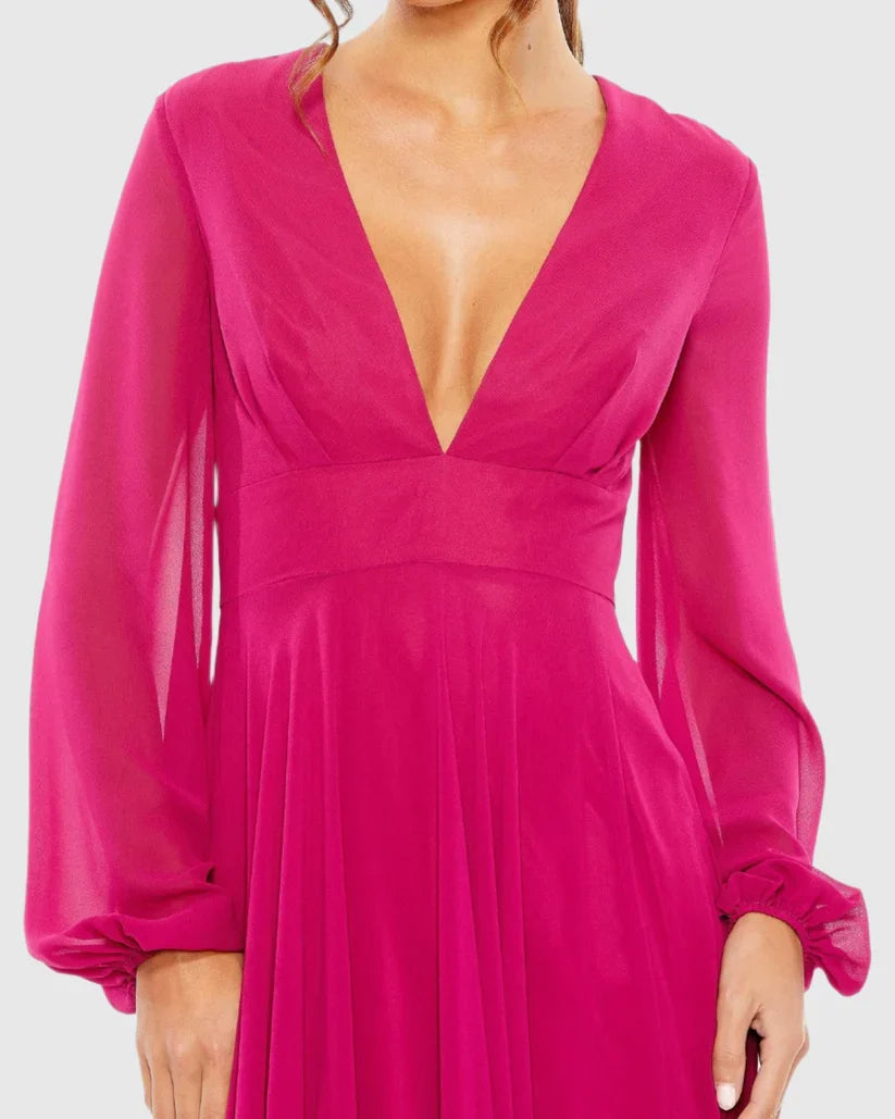 V-Neck Chiffon Long Sleeve High Slit Floor-Length Evening Dress - Chloe Dress