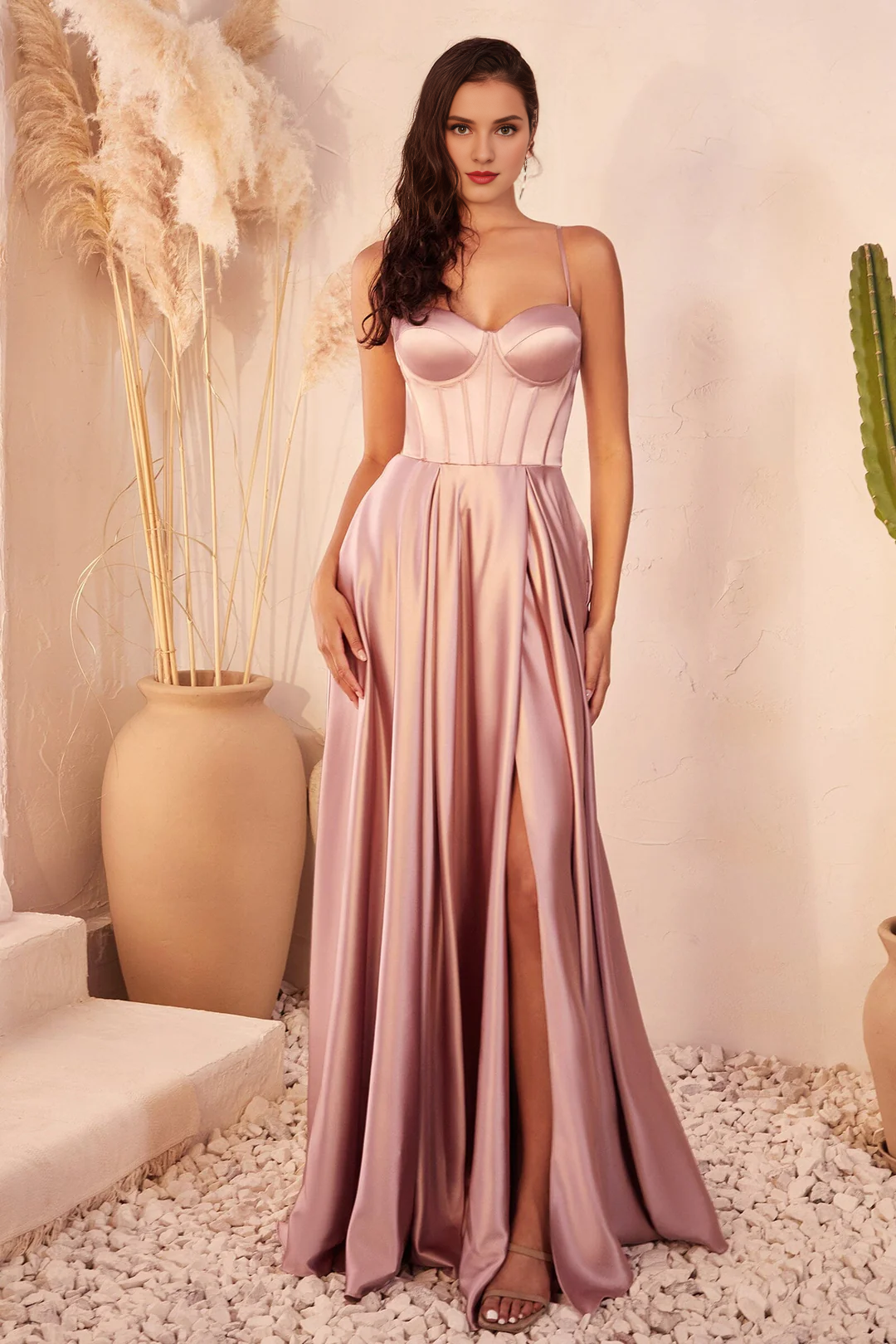 A-Line Satin Long Sleeve Lace-Up Back High Slit Dress - Chloe Dress