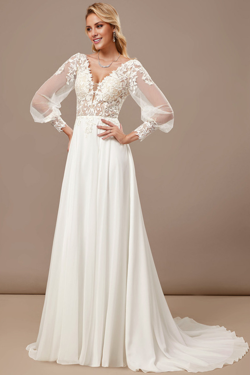 A-Line V-Neck Chiffon Long Sleeve Wedding Dress - Chloe Dress