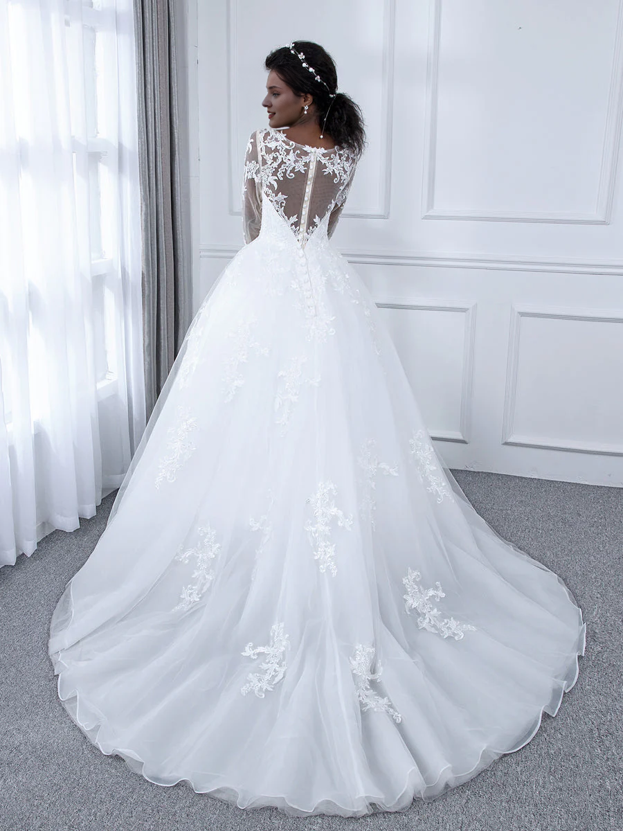 Ball Gown Chiffon Long Sleeve Applique Wedding Gown - Chloe Dress