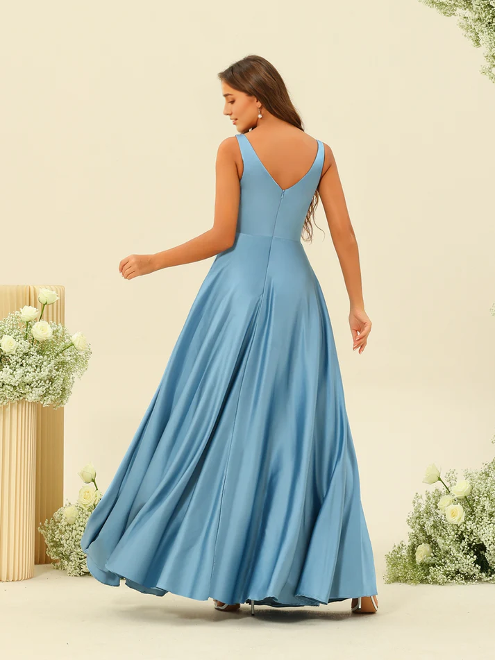 A-Line V-Neck Satin Sleeveless High Slit Floor-Length Wedding Dress - Chloe Dress