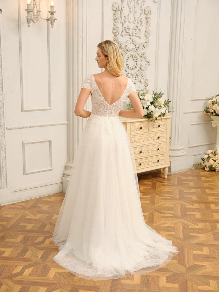 V-Neck Short Sleeve Applique Mini Wedding Dress - Chloe Dress