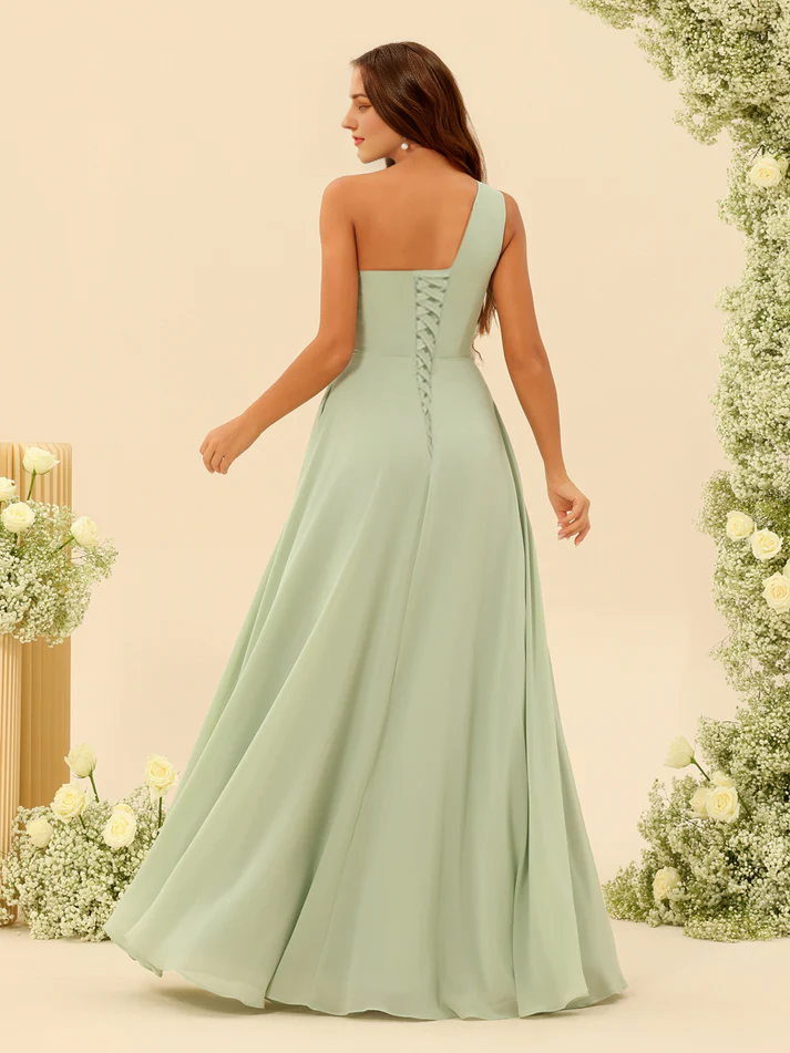 A-Line One-Shoulder Chiffon High Slit Floor-Length Wedding Dress - Chloe Dress