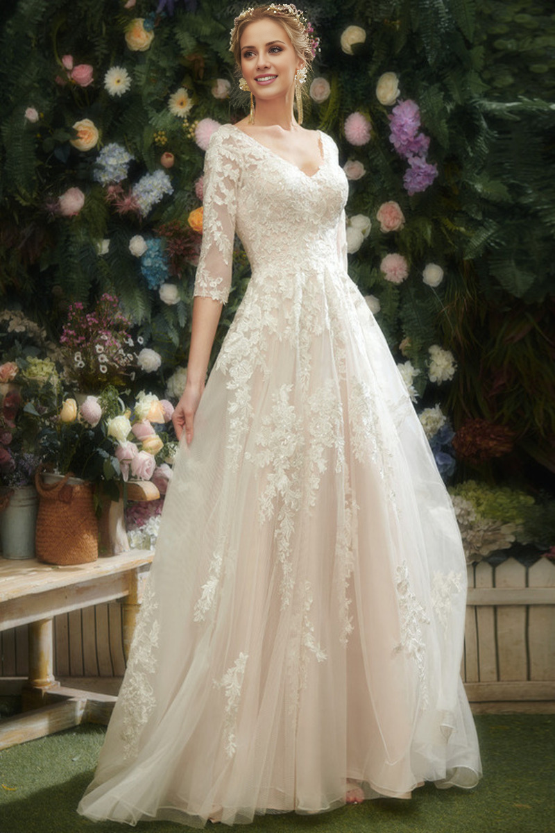 A-Line V-Neck Chiffon Three-Quarter Sleeve Wedding Dress - Chloe Dress
