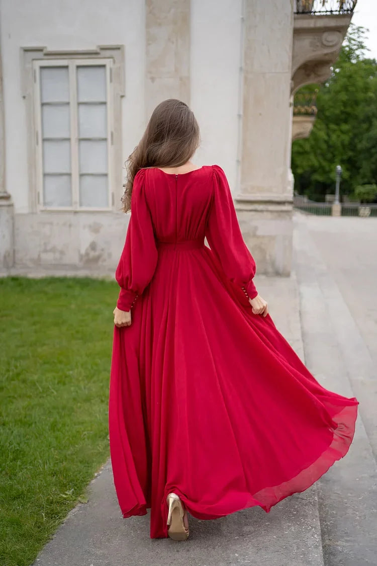 Jimiss Long-sleeved V-neck chiffon prom dress