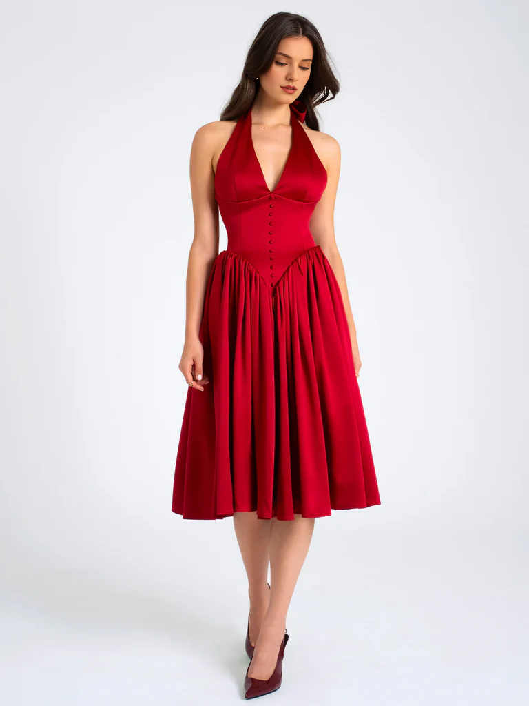Red V-Neck Backless Evening Gown - Chloe Dress