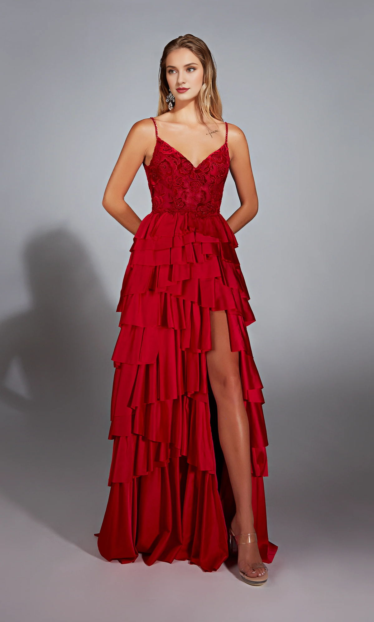A-Line V-Neck Satin Lace-Up Back High Slit Evening Gown - Chloe Dress