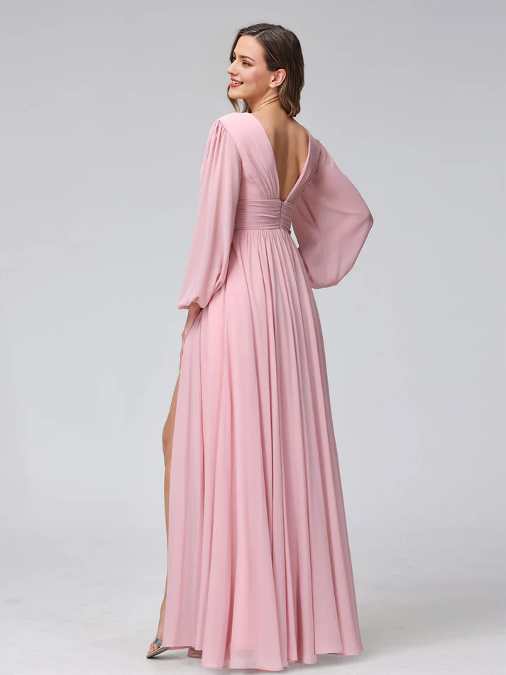 A-Line V-Neck Chiffon High Slit Floor-Length Wedding Dress - Chloe Dress