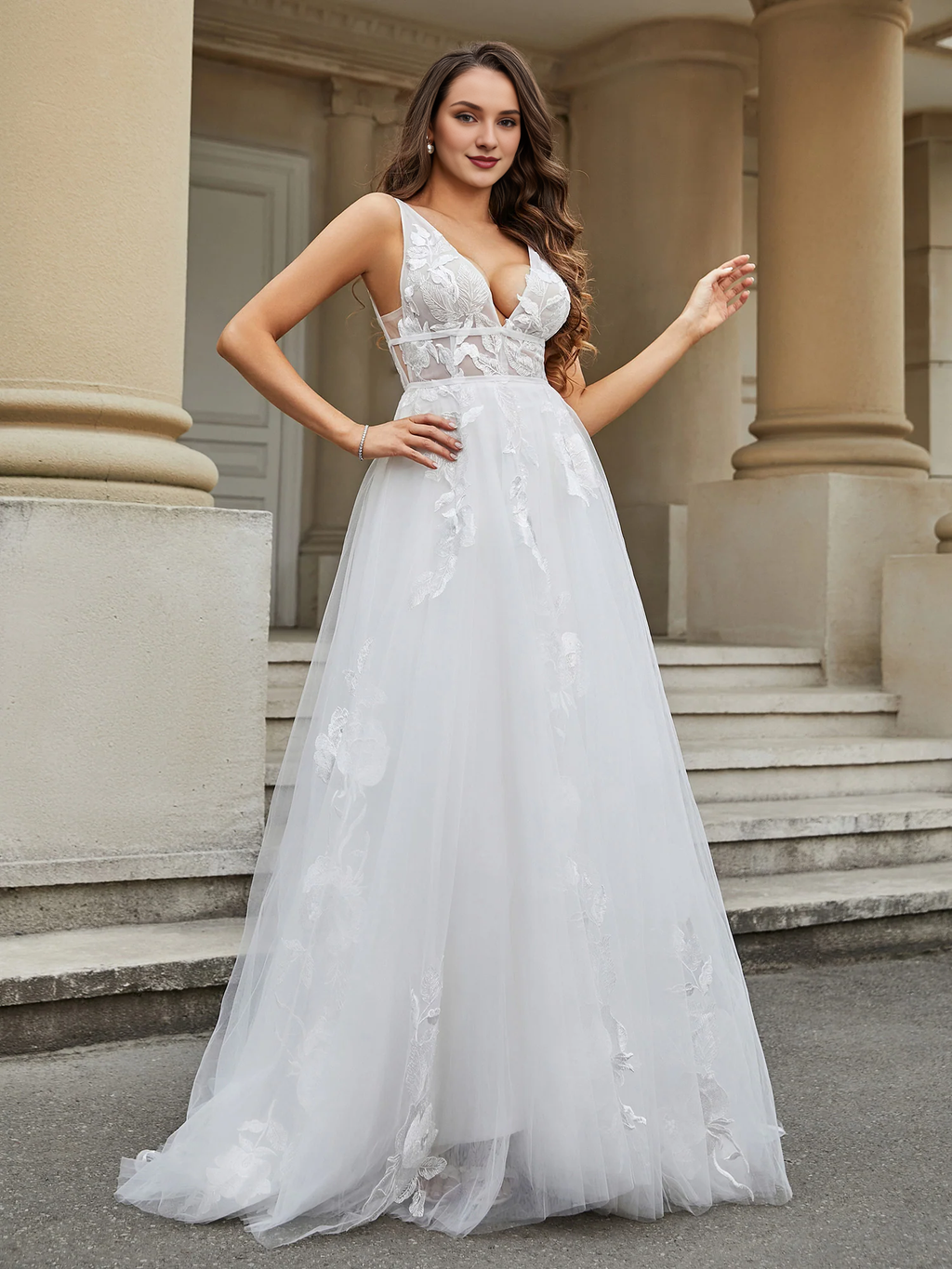 V-Neck Chiffon Applique Wedding Dress - Chloe Dress