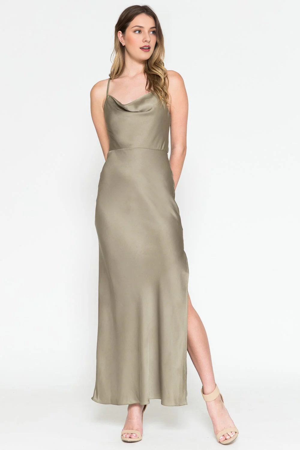 High Neck Satin Long Sleeve High Slit Dress - Chloe Dress